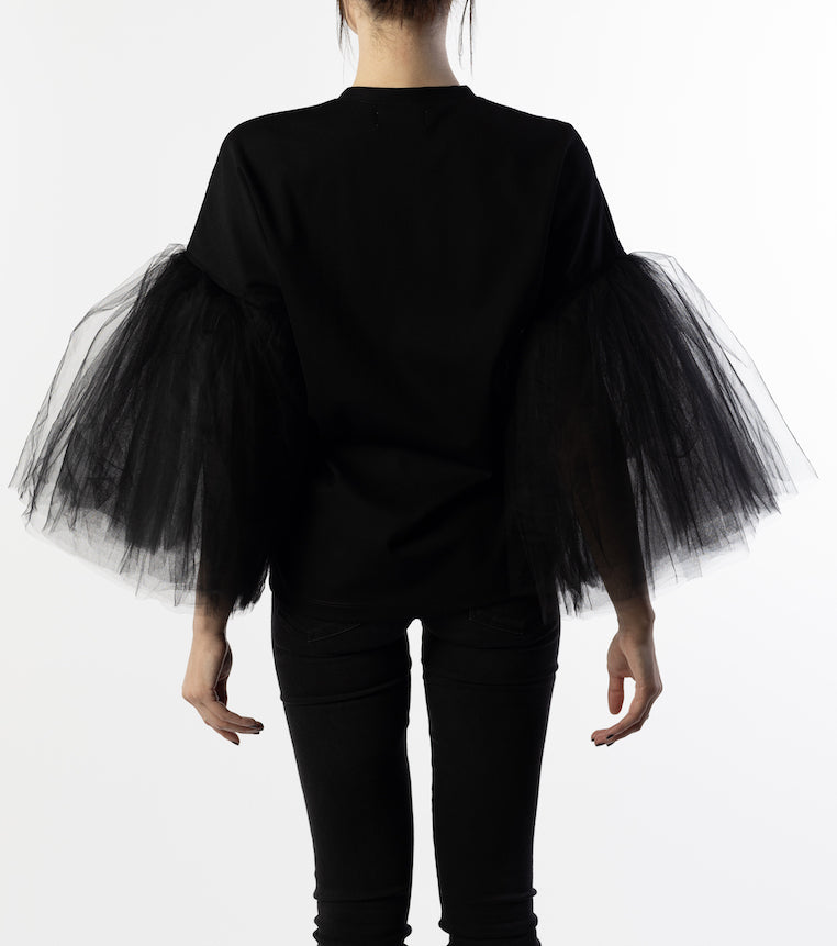 Back view, soft top made from ponte de roma knit with the sleeves made from several layers of tulle
